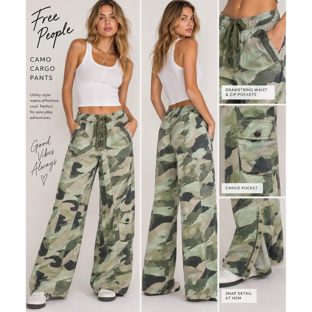Free People FP Movement Pants Camouflage Utility Cargo Wide Leg Green M